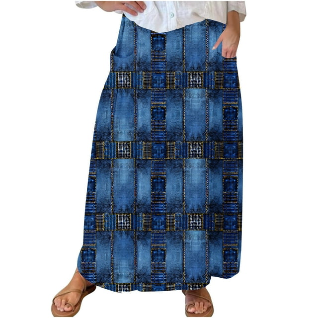 Mrat Jupe à Franges Femme Décontractée Rétro à Fleurs en Lin Taille Élastique Plissée Maxi avec Poches Grande Taille P-294 Bleu Foncé TG