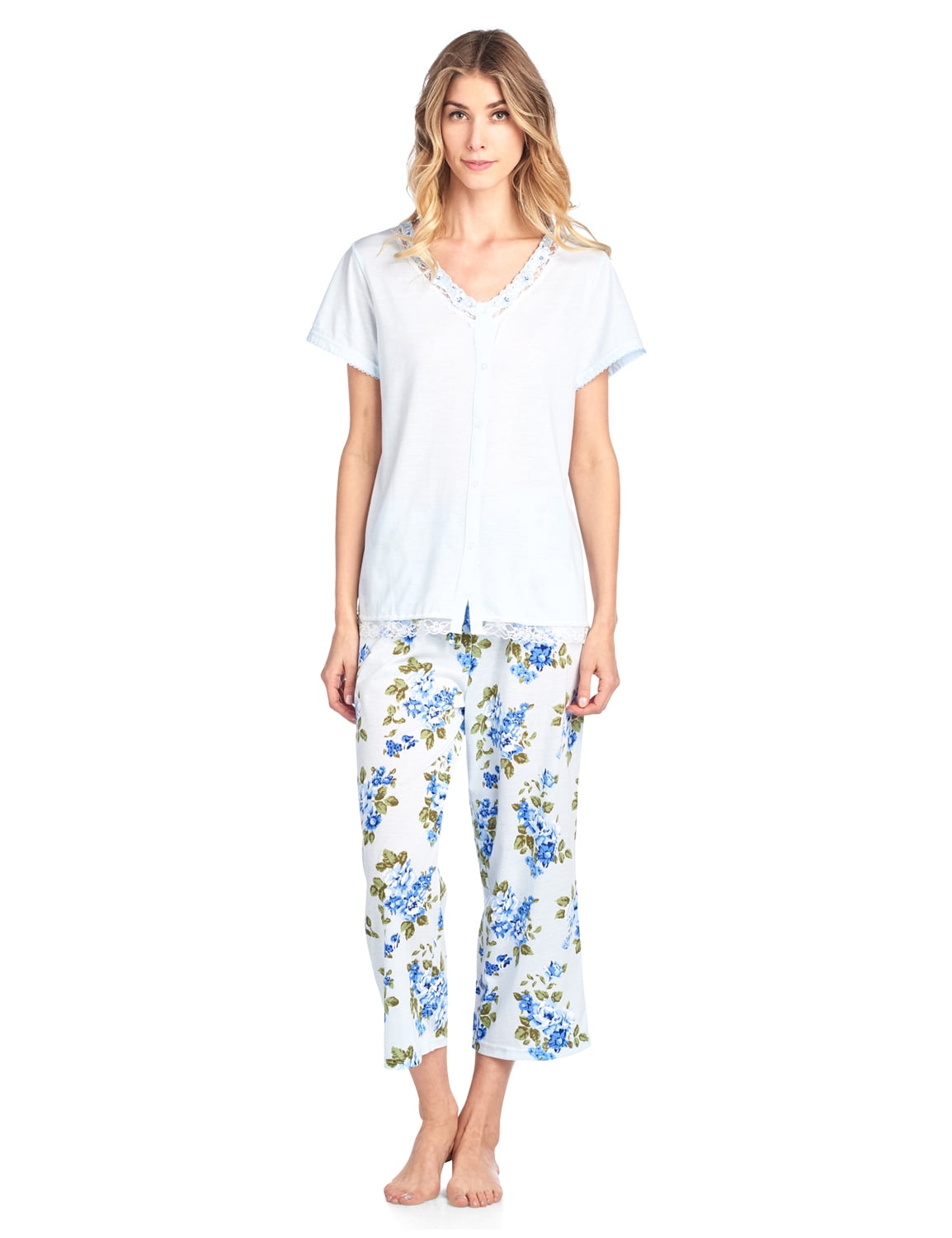 Casual Nights Women's Fancy Short Sleeve Floral Capri Pajama Set ...