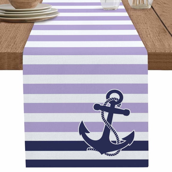 nqOlkjepod Anchor Purple Table Runner 72 Inches Long Farmhouse Dress Scarves, Modern Navy Blue White Striped Nautical Dining Tablerunner for Coffee Table/Kitchen Island/Party Décor, 13" x 72"