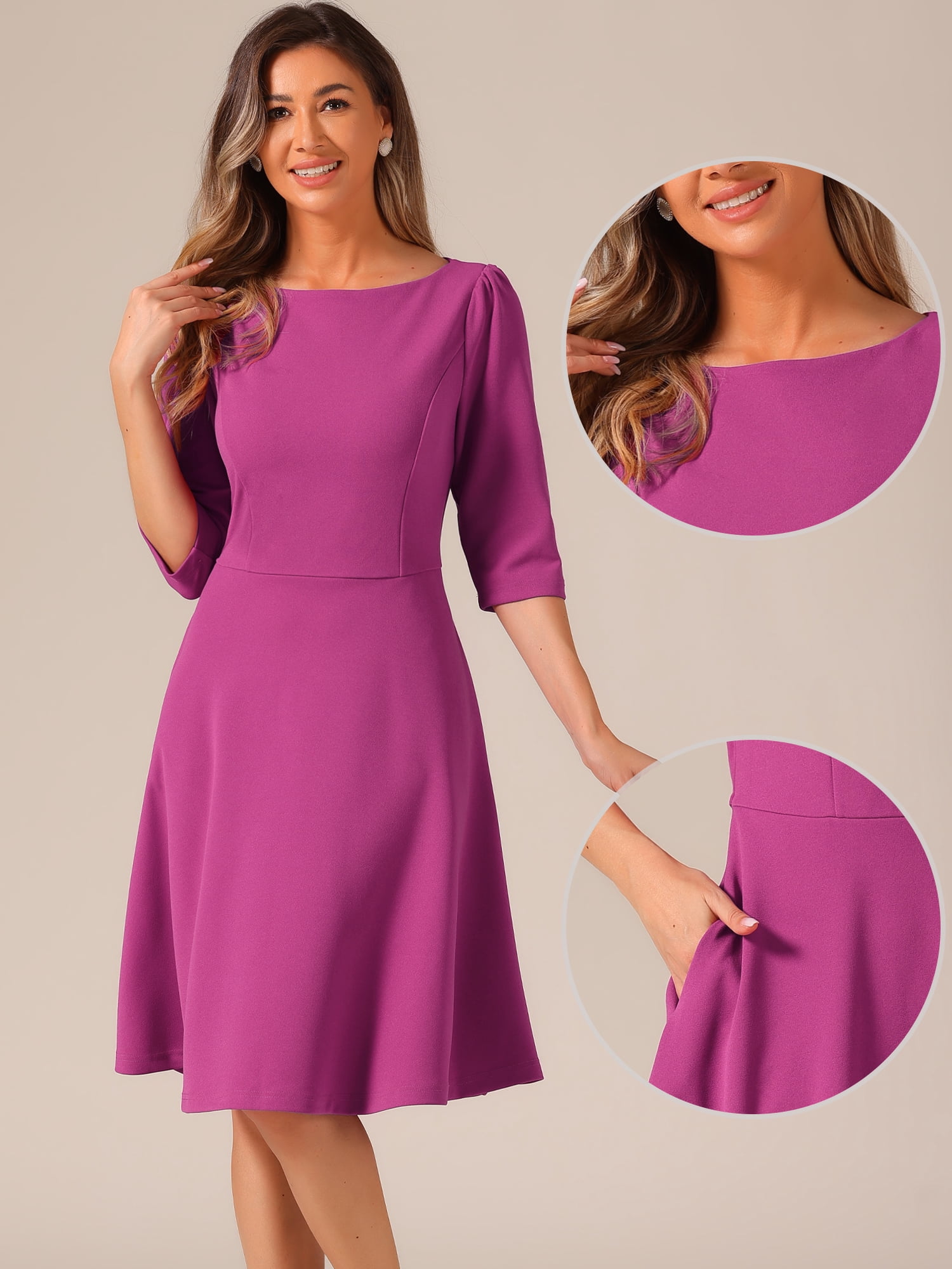 DARING DIVA Midi Boat Neck Short Sleeves A-Line Office Dress XS Purple
