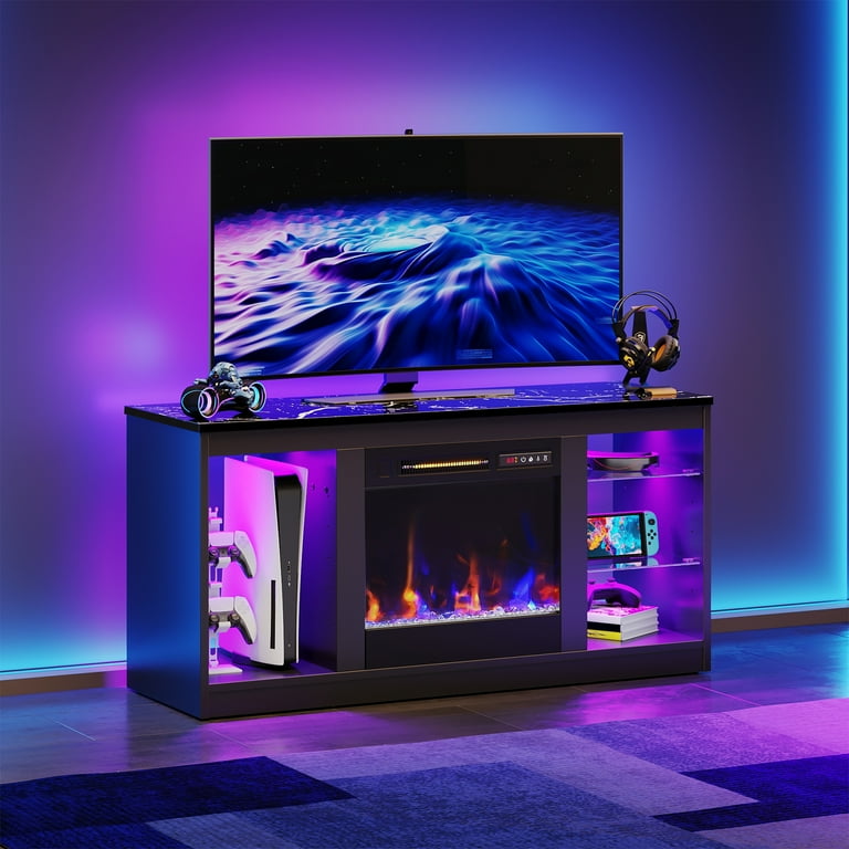 Bestier Modern Electric Fireplace TV Stand for TVs up to 55", with LED and glass shelves, Black Marble