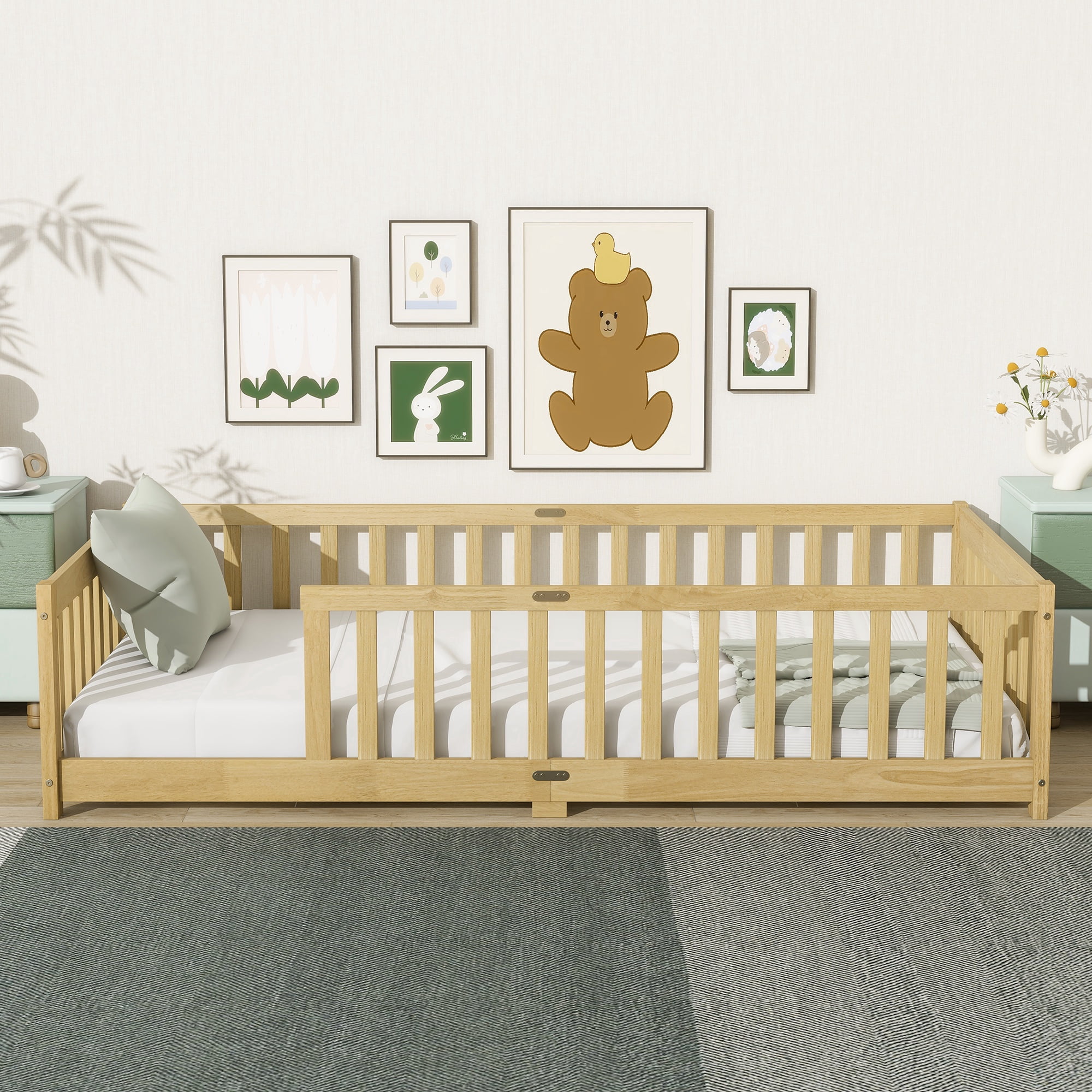 Twin Size Floor Bed with Fence, UHOMEPRO Montessori Floor Bed with Slats and Safety Guardrails, Solid Wood Twin Bed Frame for Bedroom, Natural