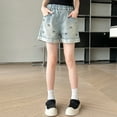 thumbnail image 5 of ZACPNCV Girls Slim-fit Denim Shorts Elastic High Waisted Jeans Casual Summer Ripped Roll Up Hem Skimmer Midi Shorts Pants Blue 5-7 Years, 5 of 9