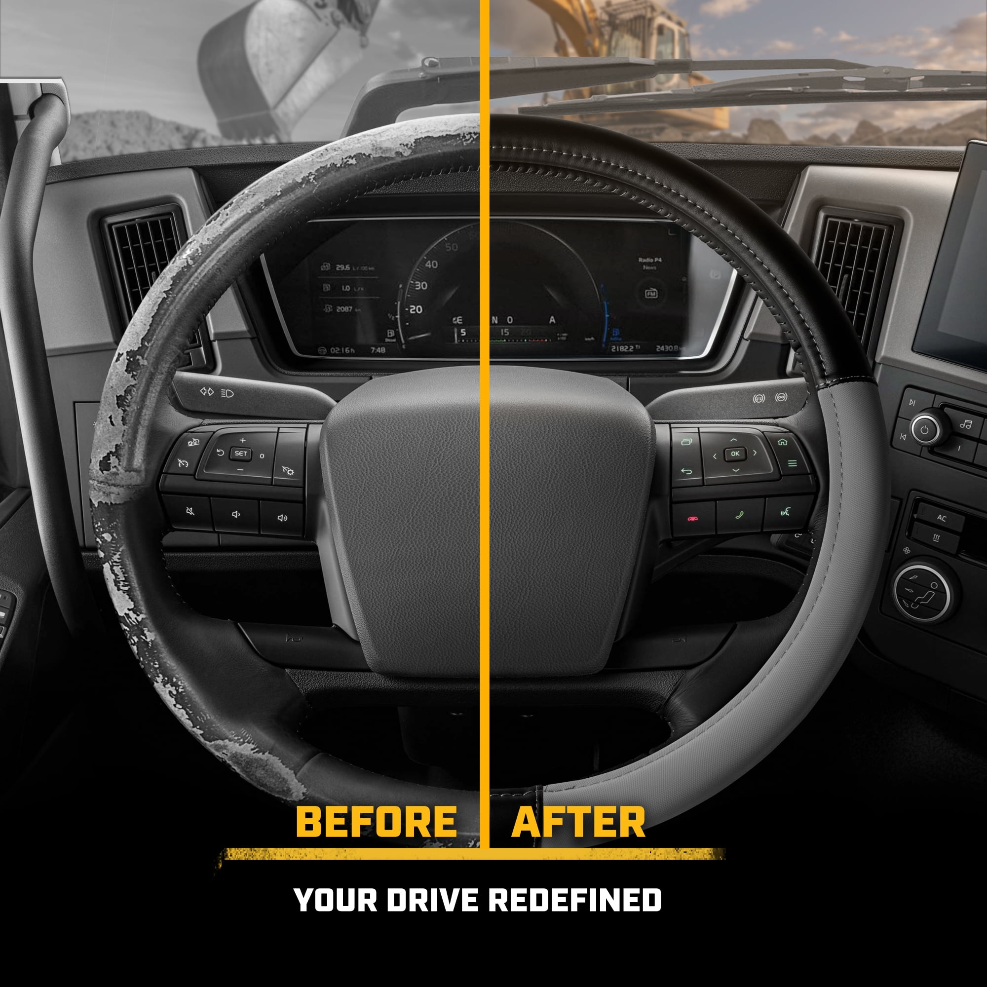 Cat® BigDrive Faux Gray/Black Leather Semi Truck Steering Wheel Cover, Extra Large 18 inch Size, for Trucks 18 Wheeler