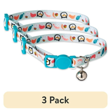 (3 pack) Vibrant Life Break-Away Adjustable Cat Collar, Multicolor Sushi, One Size