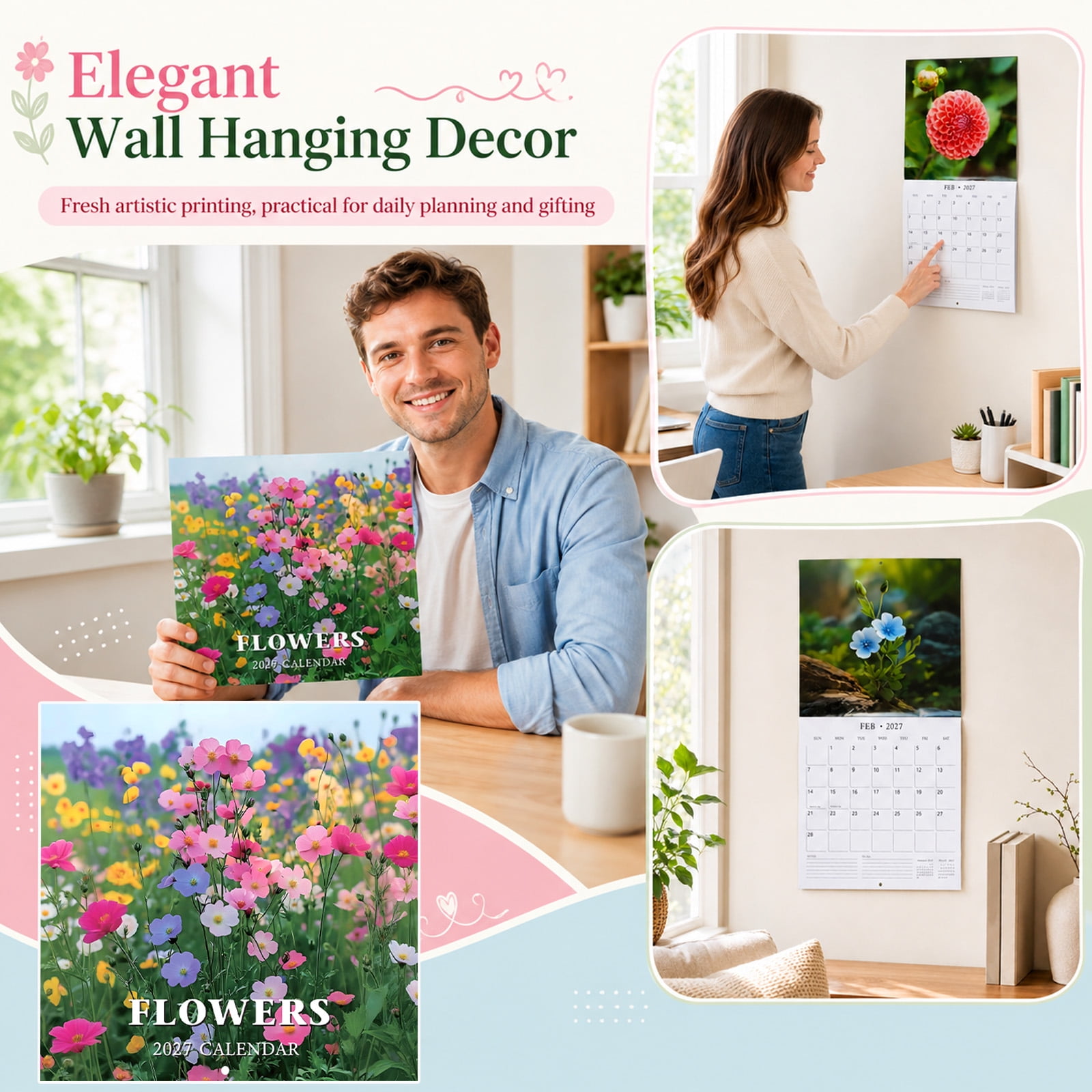 2027 Wall Calendar 11X11 Inch Hanging Calendar Wildflower Wall Art Print 2027 Monthly Planner 1Pc 12 Month Printed Calendar for Wall Dual Use As Practical Schedule Tracker