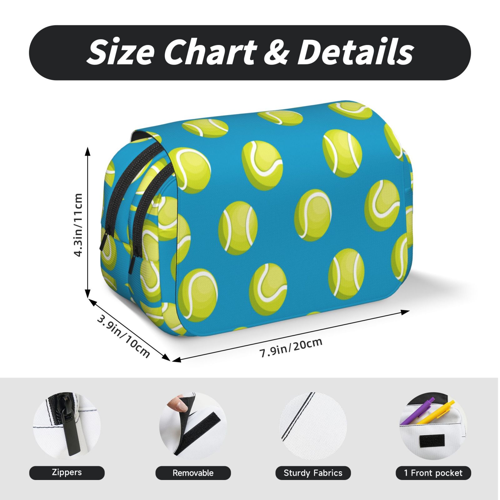Rateoe Ball Tennis Pattern Double Clamshell Pen Case, Storage Organizer with Two Zipper Compartments– Holds Up to 50 Pencils & Pens