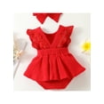thumbnail image 4 of Qmyliery Baby Girl Romper Rib Round Neck Lace Fly Sleeve Bottom Snap Jumpsuit + Bow Headband, 4 of 9