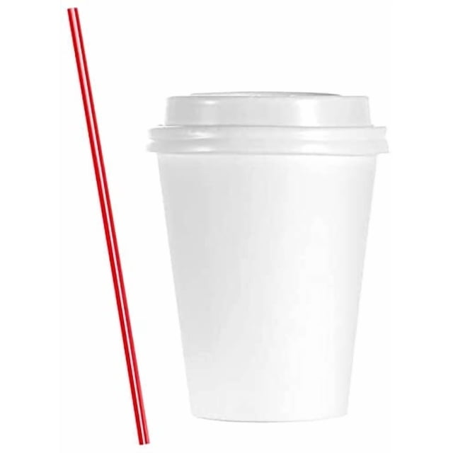 AME D'ESSENCE (300 PC) Combo 8 oz Paper Cups with Dome Lids and Bonus Stirrers Disposable Hot Cups White Coffee Cups
