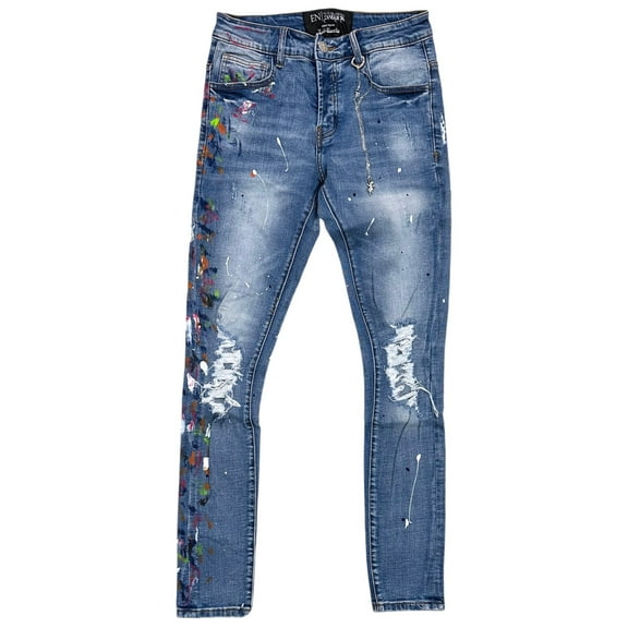 En Noir Men's Paint Splatter Distressed Ripped Skinny Fit Denim Jeans (28, Blue Stonewashed)