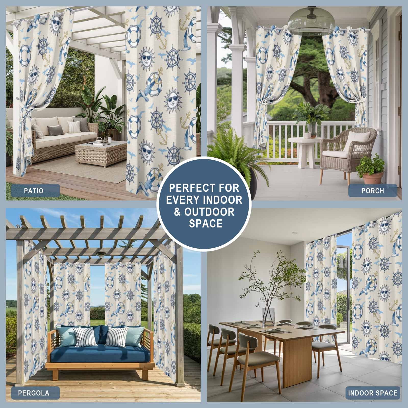 Summer Nautical Outdoor Curtains for Patio, Cartoon Sun Coastal Anchor Rudder Cute Seagull Retro Sunshade Privacy Drapes Grommet Waterproof Outside Curtains for Porch Balcony 54"x 108", 1 Panel