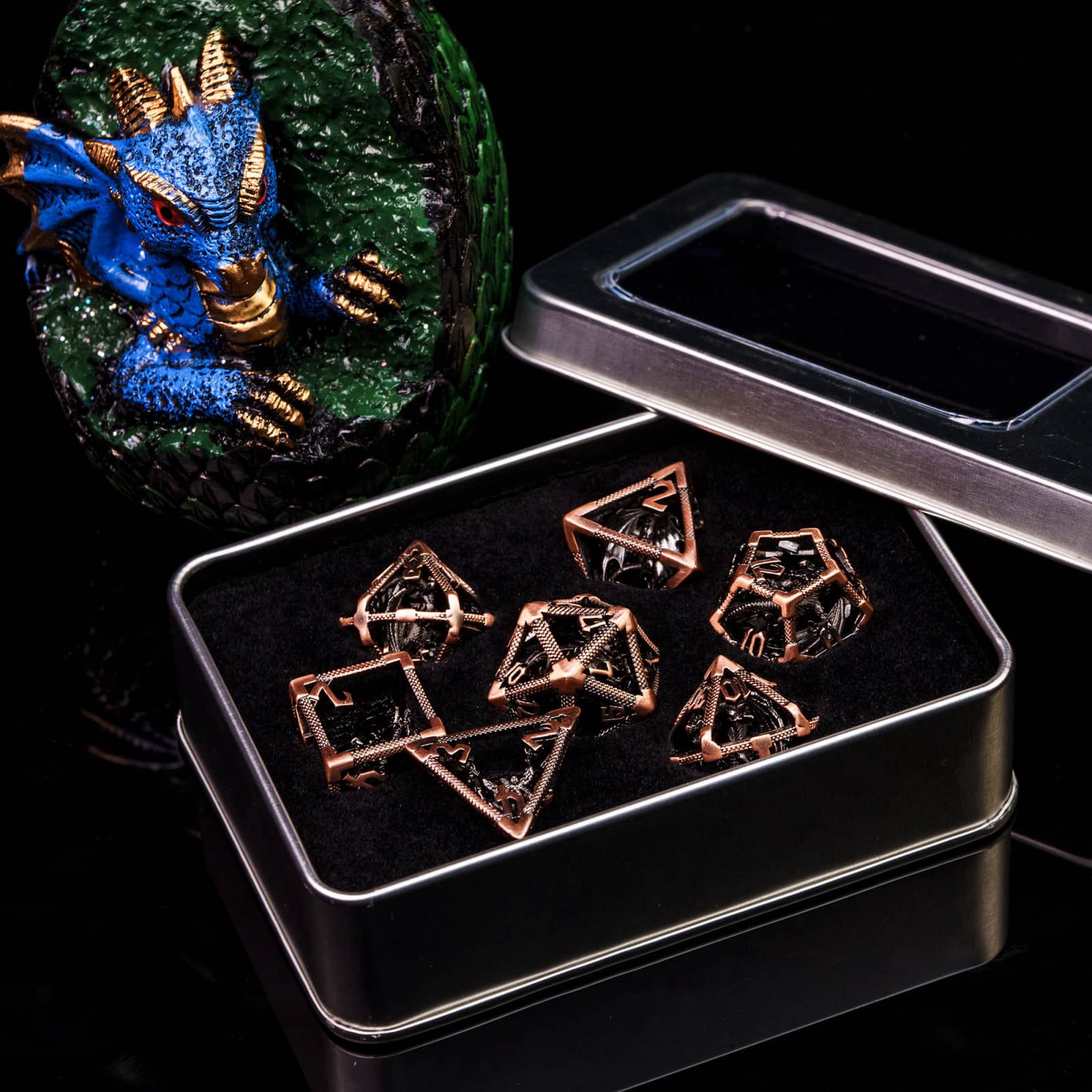 Cusdie Hollow Metal Dice, D&D Dice with Dragon Inside, 7 Pcs DND Dice Set, Polyhedral Dice Set, for Role Playing Game MTG Pathfinder