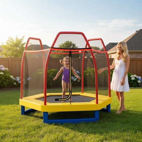 Topcobe 7 Feet Kids Recreational Bounce Jumper Trampoline, Recreational Trampolines for Kids, Large Trampoline for Outdoor Backyards-Red