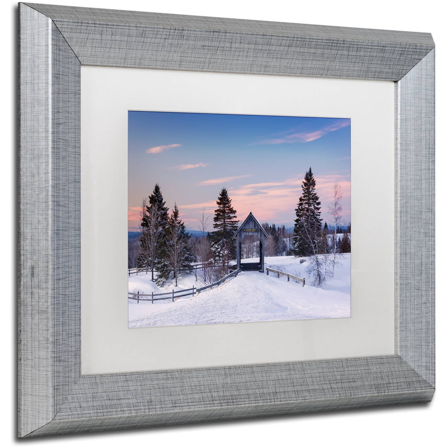 Trademark Fine Art "Snow at the Bridge" Canvas Art by Michael Blanchette Photography White Matte, Silver Frame
