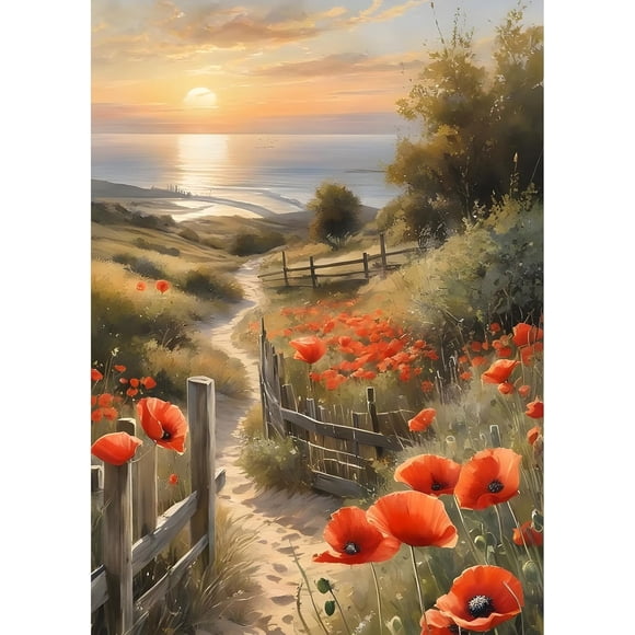 Adult Diamond Painting Kit — Poppy-Themed Diamond Art Set, 5D Diamond Landscape Painting, Sunset DIY Full Round Drill Diamond Art, Gemstone Craft, Home Decor Wall Art — 12x16 Inches (Unframed)