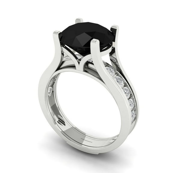 3.39 ct Brilliant Round Cut Natural Onyx 18K White Gold Solitaire with Accents Engagement Bridal Wedding Ring Band Set size 5.5