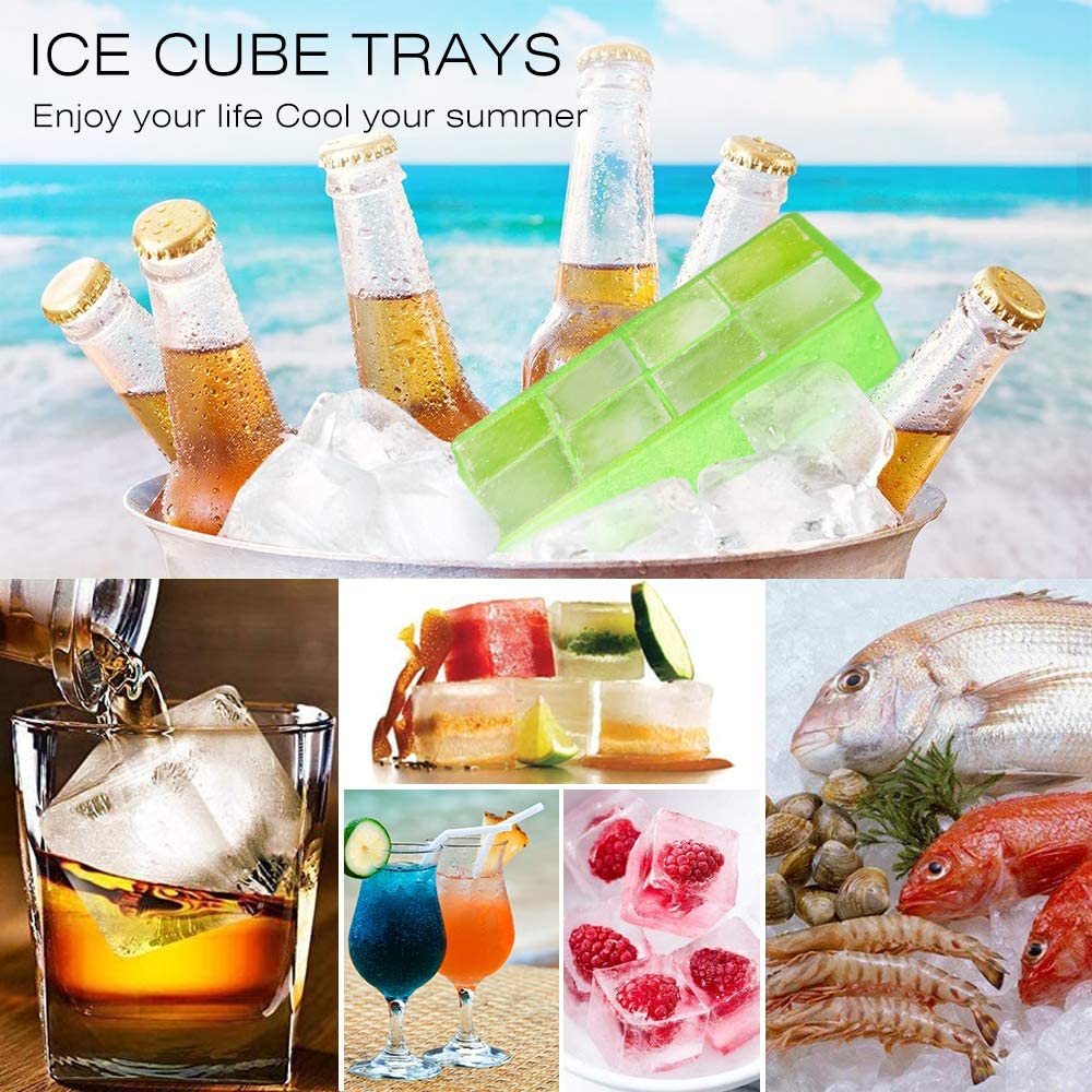 Bangp Large Ice Cube Trays with Lids 2 Pack,Silicone Ice Trays for  Freezer,Easy Release Silicone Ice Cube Tray,8 Square Cubes per Tray Ideal  for Cocktails,Whiskey,Soups,Baby Food and Frozen Treats 