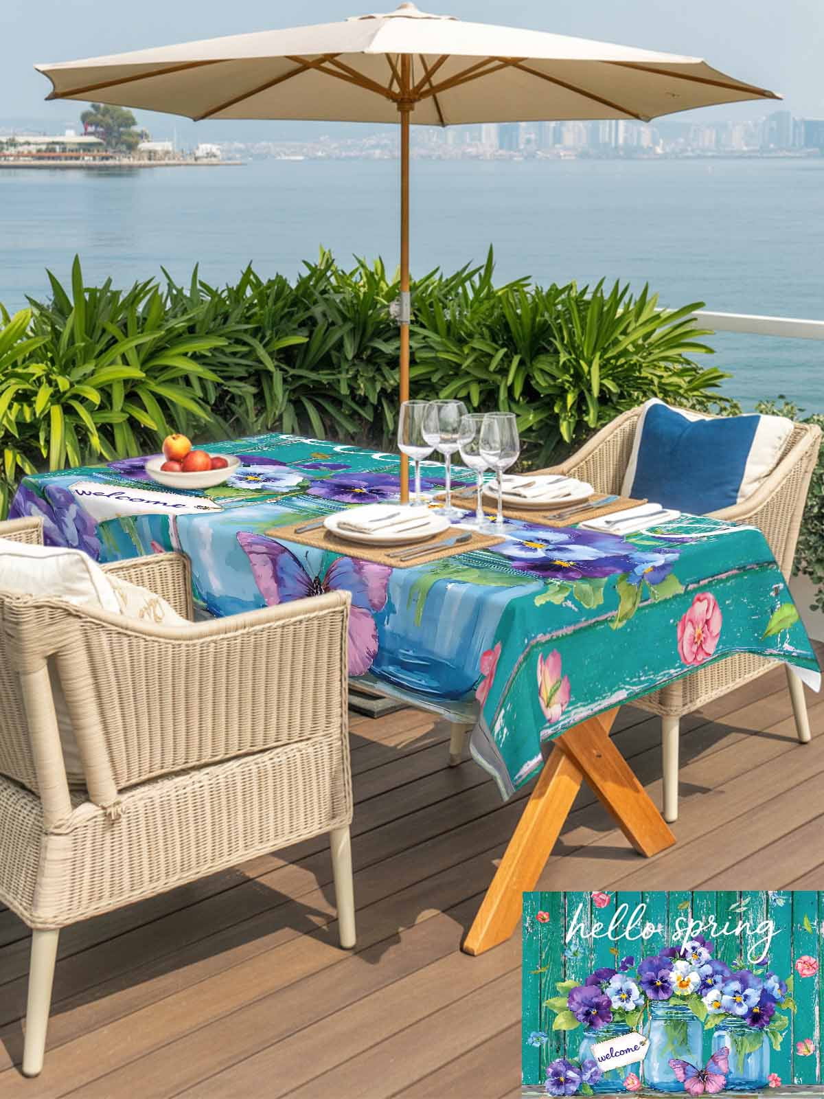 Hello Spring Outdoor Tablecloth - 60x120 Inch Rectangle Dining Table Cover, Pastoral Purple Bottle Floral Dark Green Wood Waterproof Outdoor Table Cloth with Umbrella Hole & Zipper for Picnic/Patio