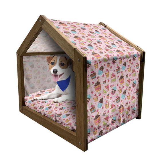 Pink Pet House, Kitchen Cupcakes Muffins Strawberries and Cherries Food Eating Sweets Print, Outdoor & Indoor Portable Dog Kennel with Pillow and Cover, 5 Sizes, Pale Pink and Brown, by Ambesonne