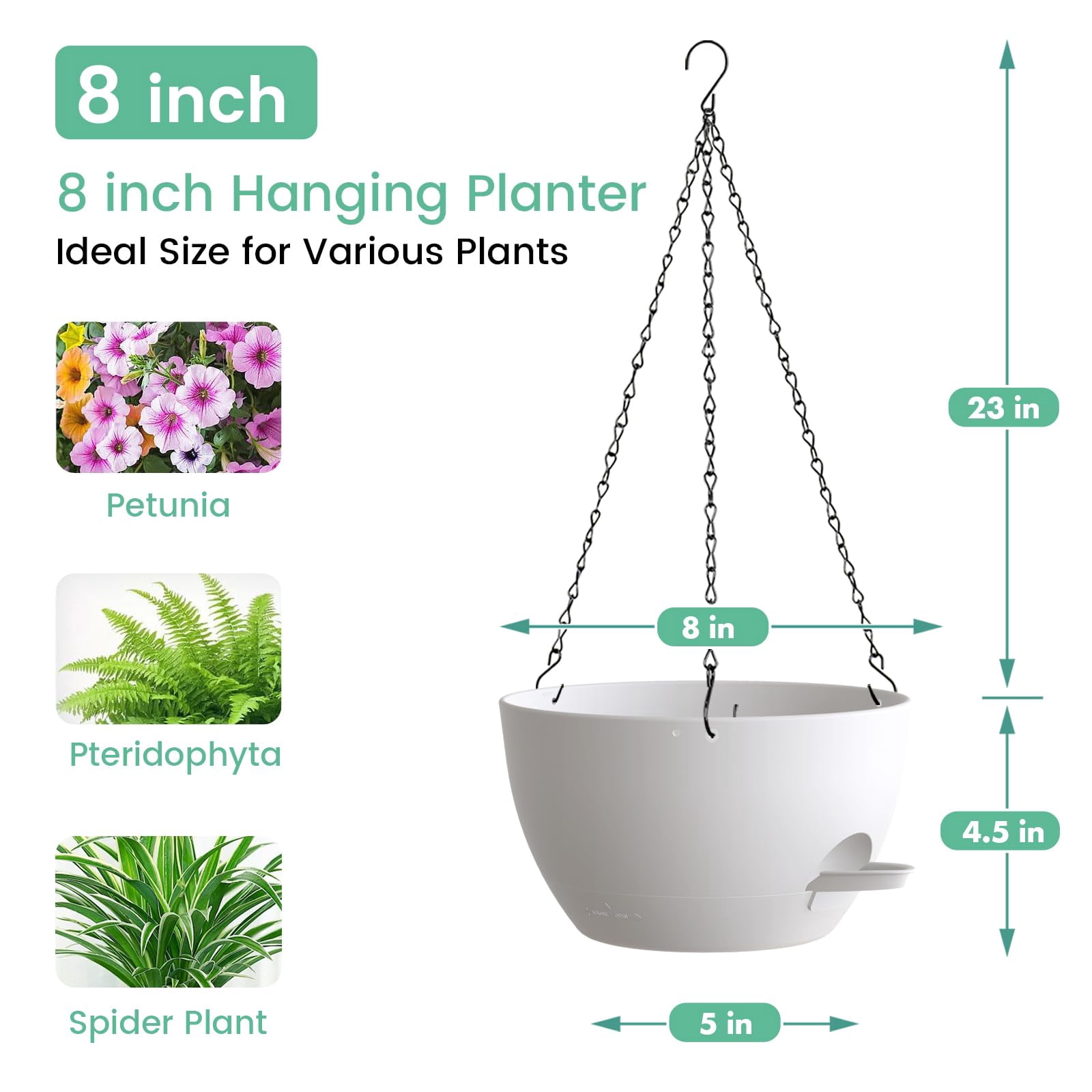 4 Pack 8 Inch Self Watering Hanging Planters For Indoor Outdoor Plants Pots With Drainage Removable Tray  Baskets Flower Ivy Pothos Garden Porch White