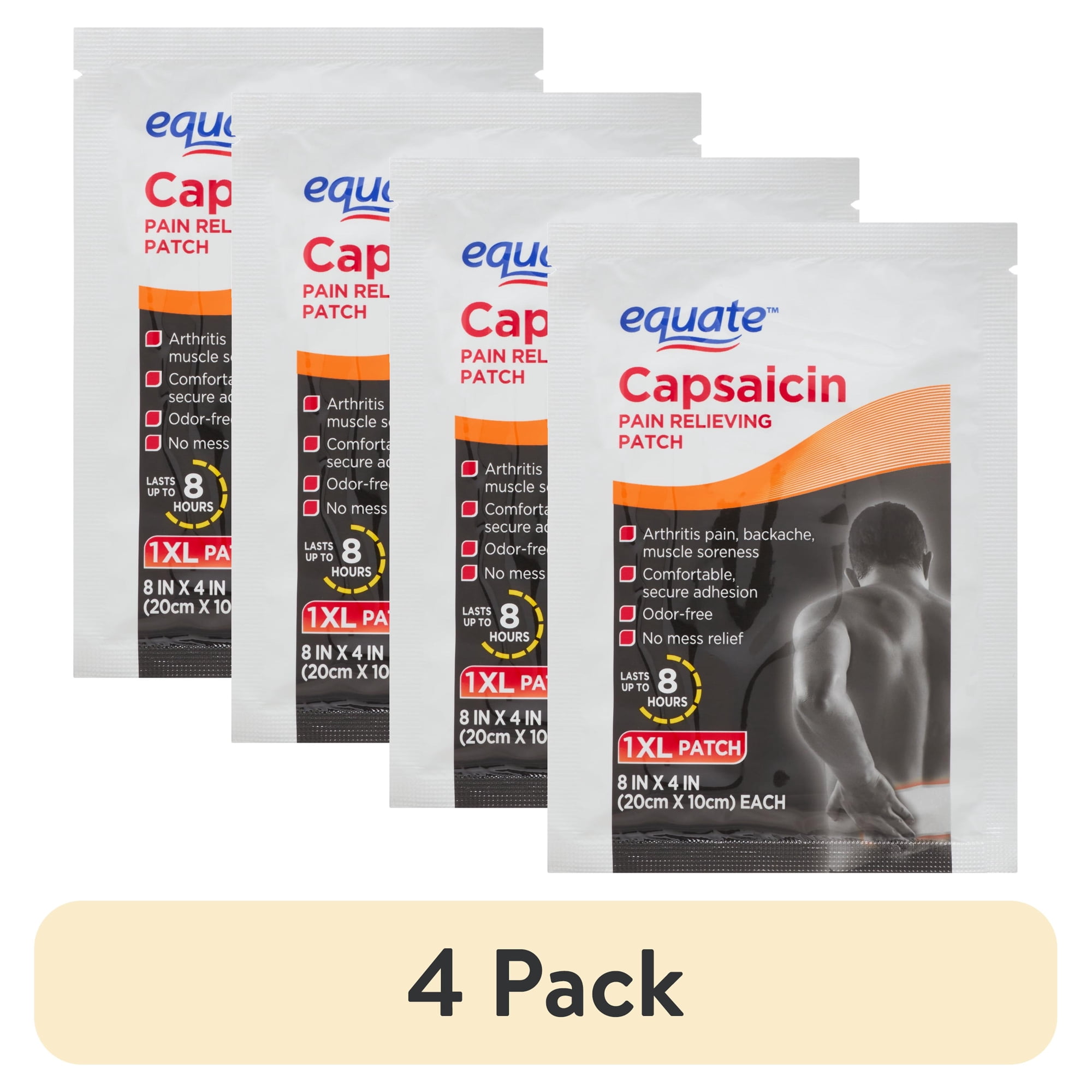 (4 pack) Equate Capsaicin Pain Relieving Patch XL, 8x4 inches, 1 Count