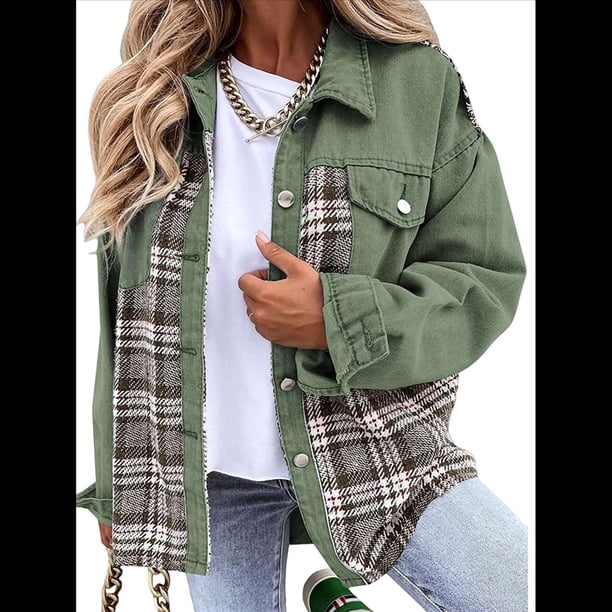 Chaqueta Vaquera Estilo Boyfriend, Informal, de Larga, con Botones y Bolsillos, para Mujer Verde L