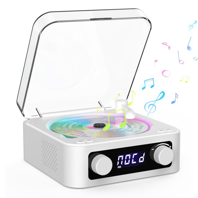 Udreamer Numérique Portable CD Players pour la Maison, avec Haut-Parleurs Stéréo Bluetooth et Hi-Fi, Commande FM et Télécommande / Éclairage, Blanc