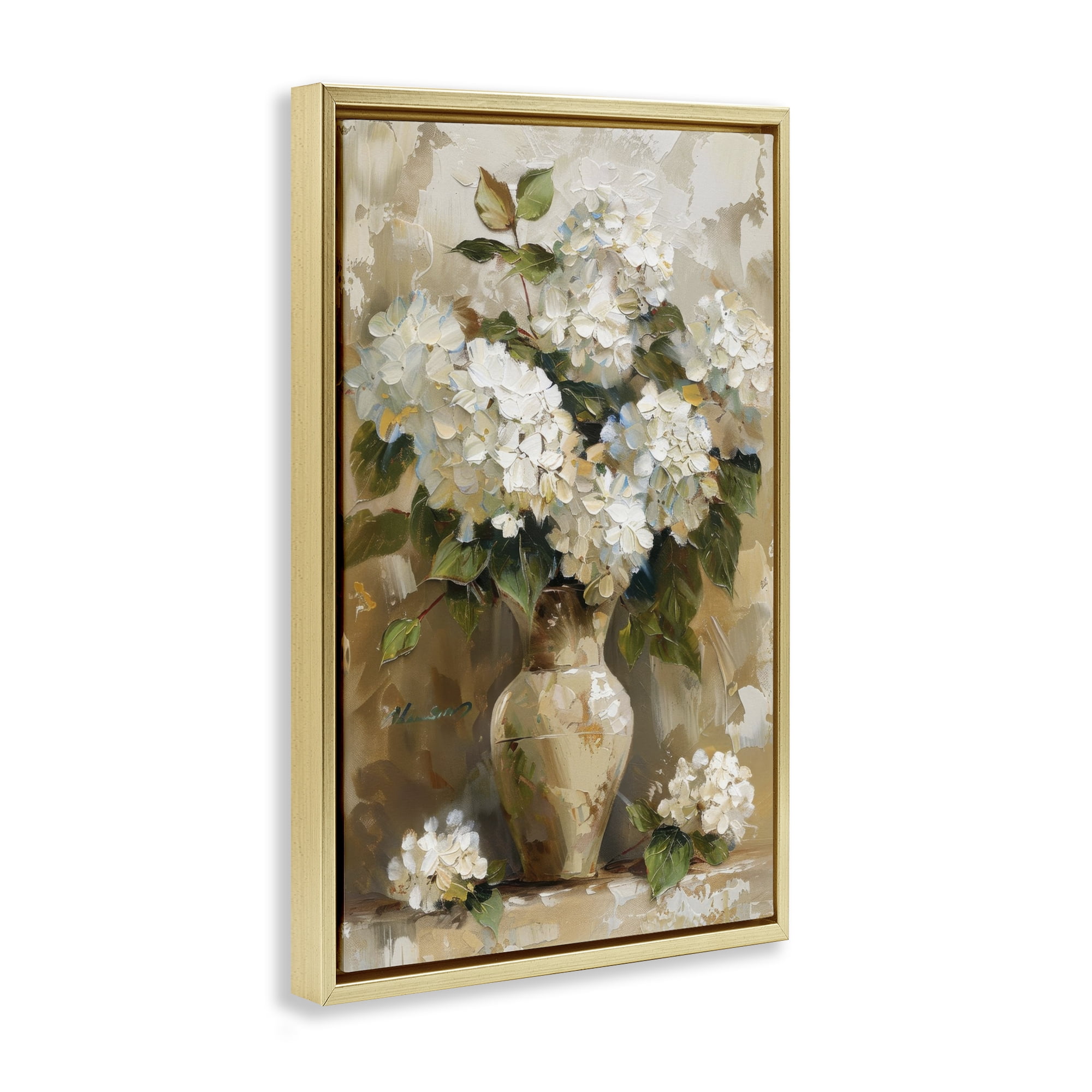 Stupell Industries Vintage White Hydrangeas Plants & Flowers Painting Gold Floater Framed Canvas Art Print Wall Art, 17 x 25