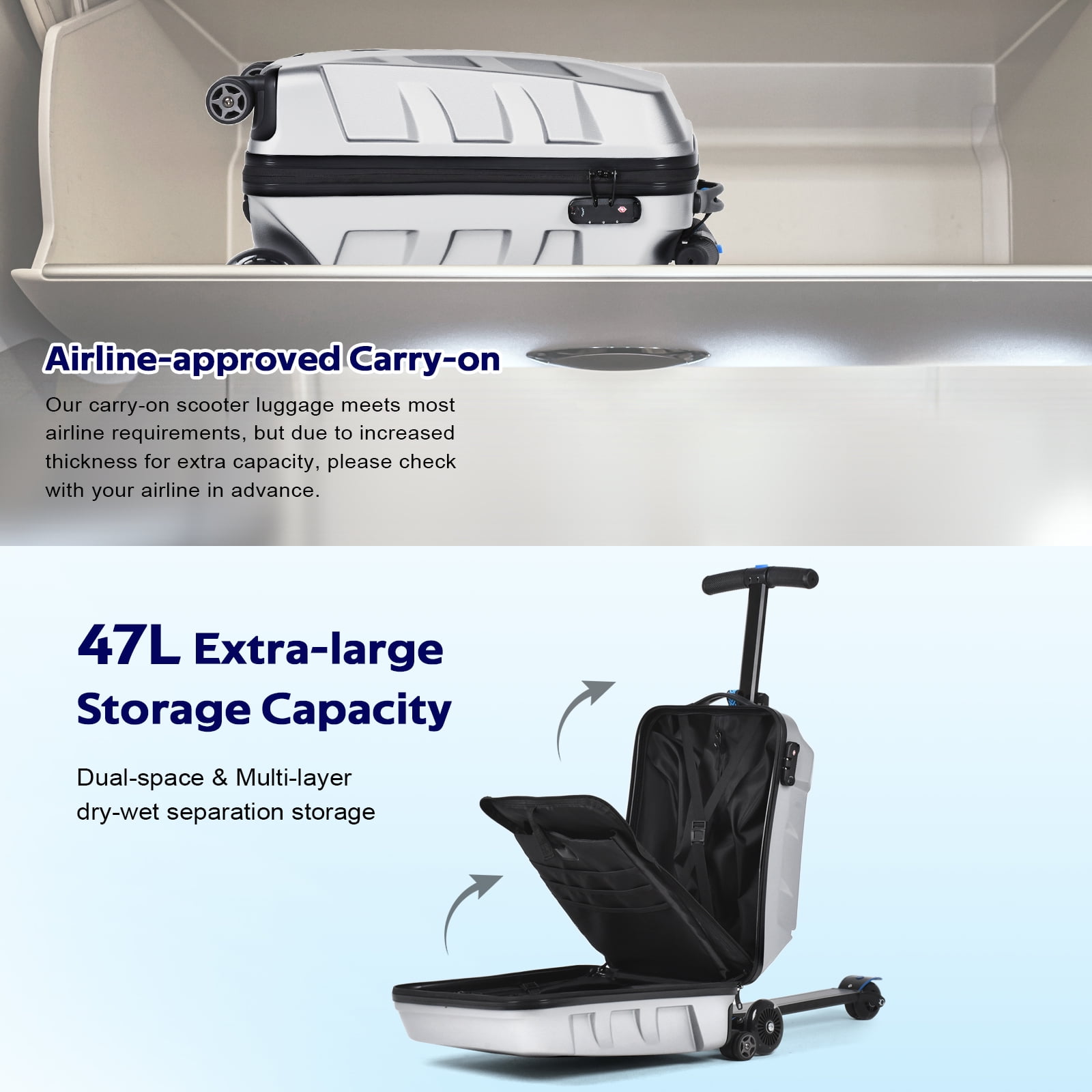 Advwin Scooter Suitcase for Kids & Adults, 3-D Hardshell Ride On Scooter Luggage with LED Light Up Wheels, TSA Lock, Lightweight Foldable Carry On Rideable Suitcase for Children Teenagers, Silver
