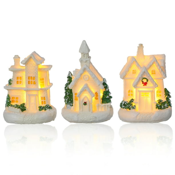 3 Casitas Navideñas: Casitas de Pueblo Navideño con Luz - Decoración de Mesa para el Hogar - Regalos Navideños para Adornos de Construcción de Micro Paisajes