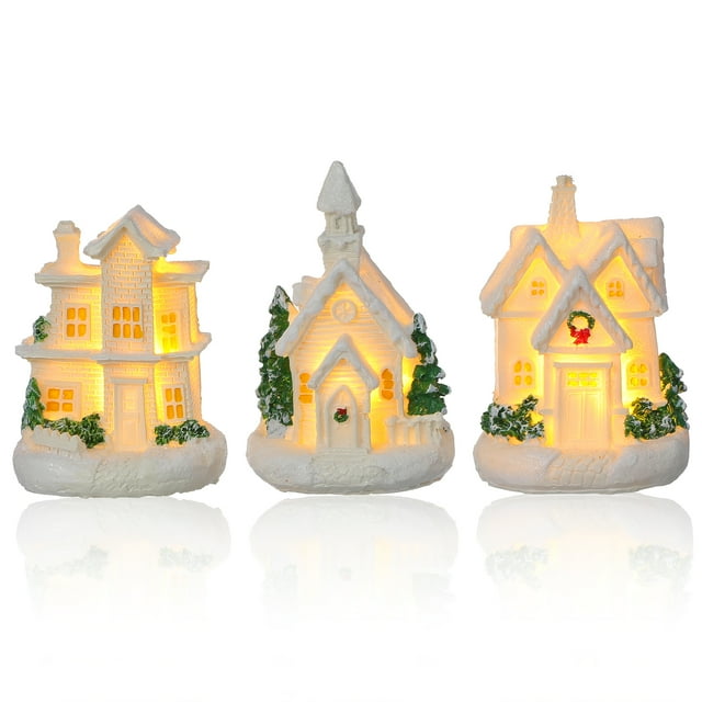 3 casas navideñas en miniatura: minicasas iluminadas, adornos de hadas en miniatura para decoración navideña de micropaisajes, edificios coleccionables