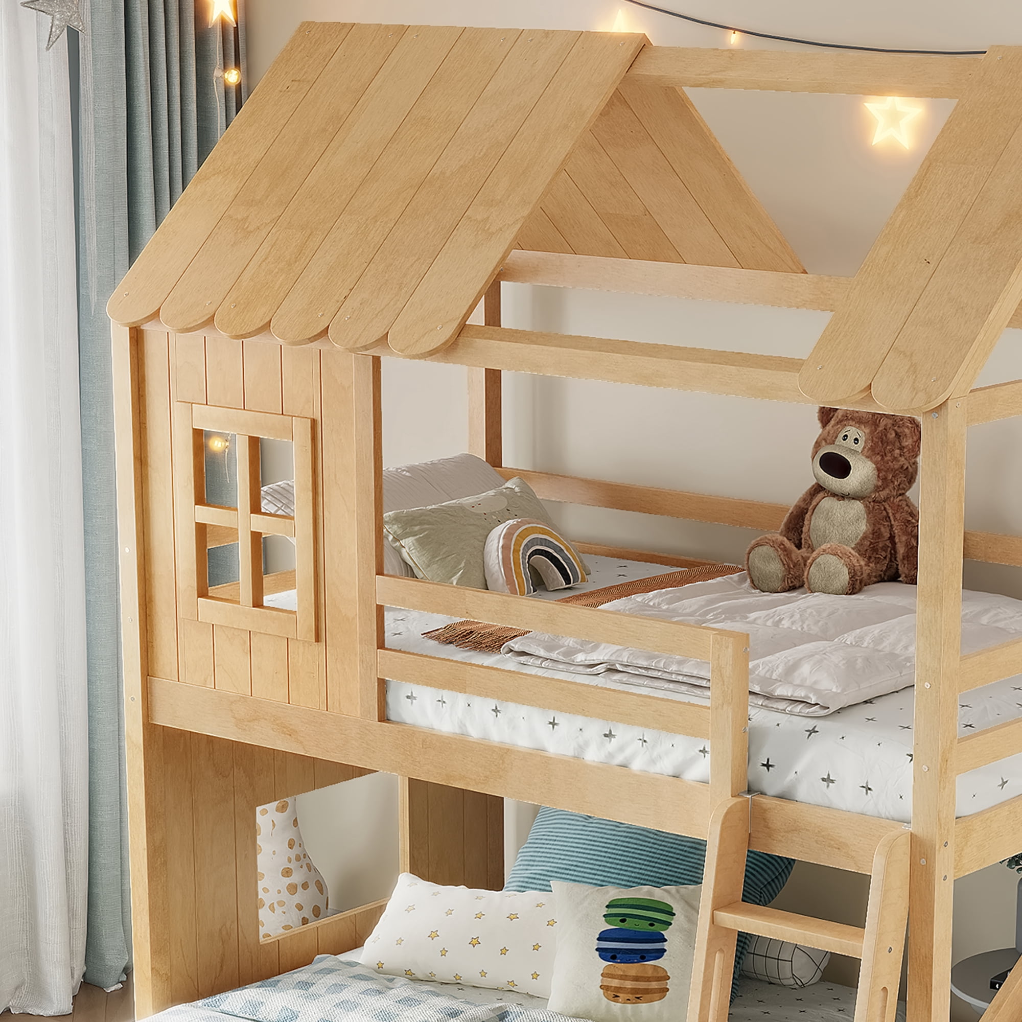 Leumius Twin over Full House Bunk Bed with Ladders and Slides, House Floor Bunk Bed Frame with Storage Shelves and Wardrobe, Playhouse Design for Boys Girls Natural
