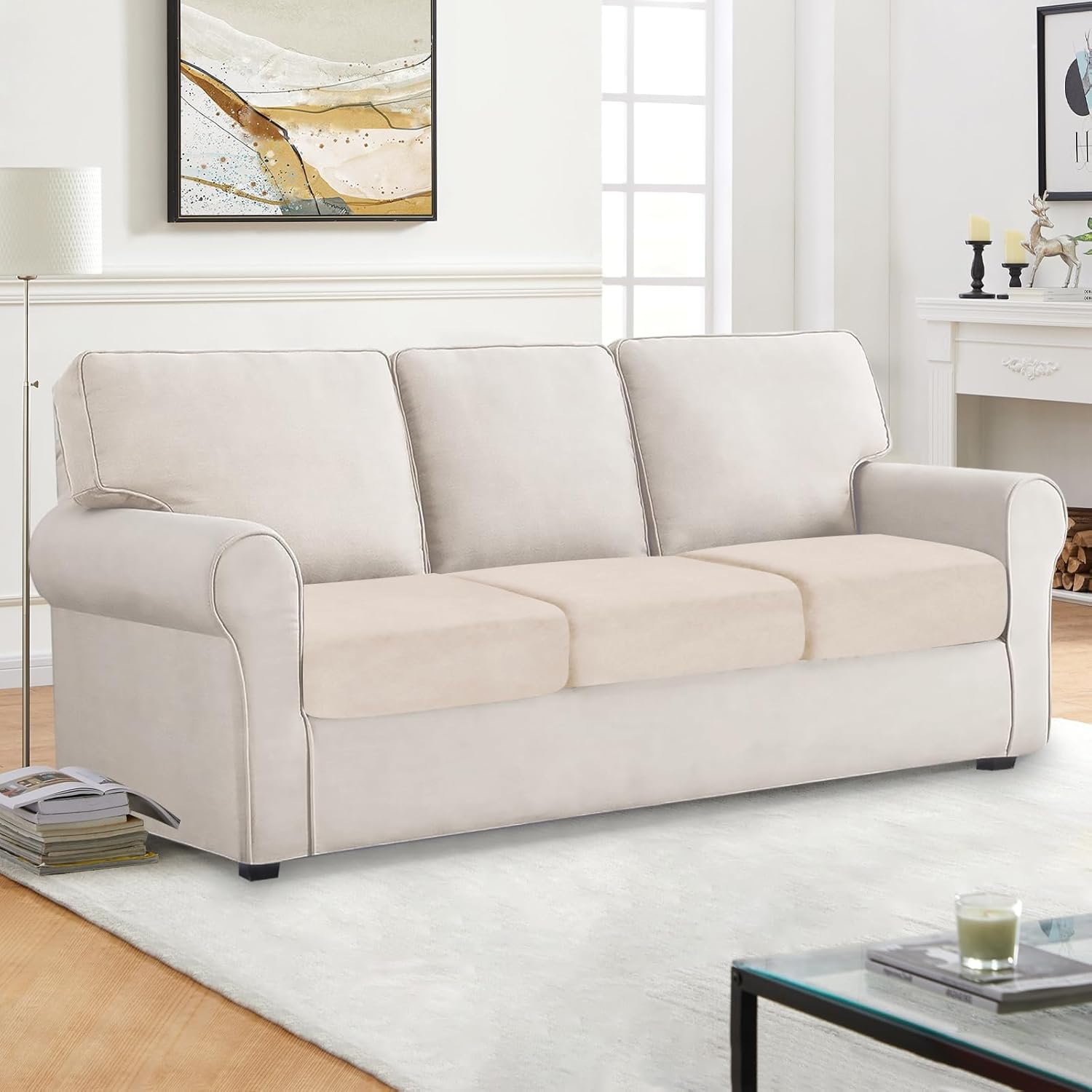 Couch Covers, 3 Pieces Couch Cushion Cover Velvet, Seat Cushion Cover, Stretch Sofa Covers, Separate Sectional Sofa Slipcovers, Furniture Protector(3-Seater or Backrest, Beige)