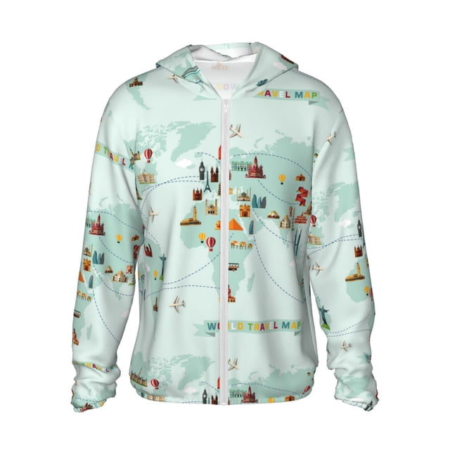 Fotbe World Travel Map Chaqueta con Protección Solar UPF 50+ para Hombre y Mujer, Camisa con Capucha y Bolsillos-Small
