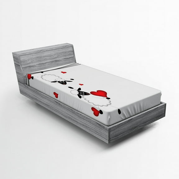 Animal Fitted Sheet, Sheep Couple with Heart Shapes in Love Hanging on Washing Fun Comic Cartoon Art, Soft Decorative Fabric Bedding, Twin XL Size, Red White Black, by Ambesonne