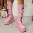 thumbnail image 4 of SACFOF Pink Platform Boots Over Knee Thigh High Goth Boots for Women Chunky Heel Rave Motorcycle Boots with Buckles Side Lace Boots, 4 of 6