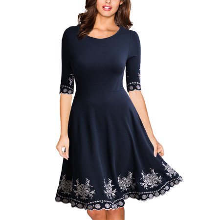 Neck Half Sleeve Dresses MISSMAY Women's Vintage Scoop Neck Embroidered Half Sleeve Casual Swing Dresses for Womenes for Women (Navy Blue XL) ()