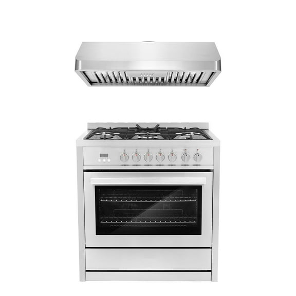 Cosmo 2 Piece Kitchen Appliance Package with 36" Freestanding 220/240V Dual Fuel Range Kitchen Stove & 36" Under Cabinet Range Hood Kitchen Hood Kitchen Appliance Bundles