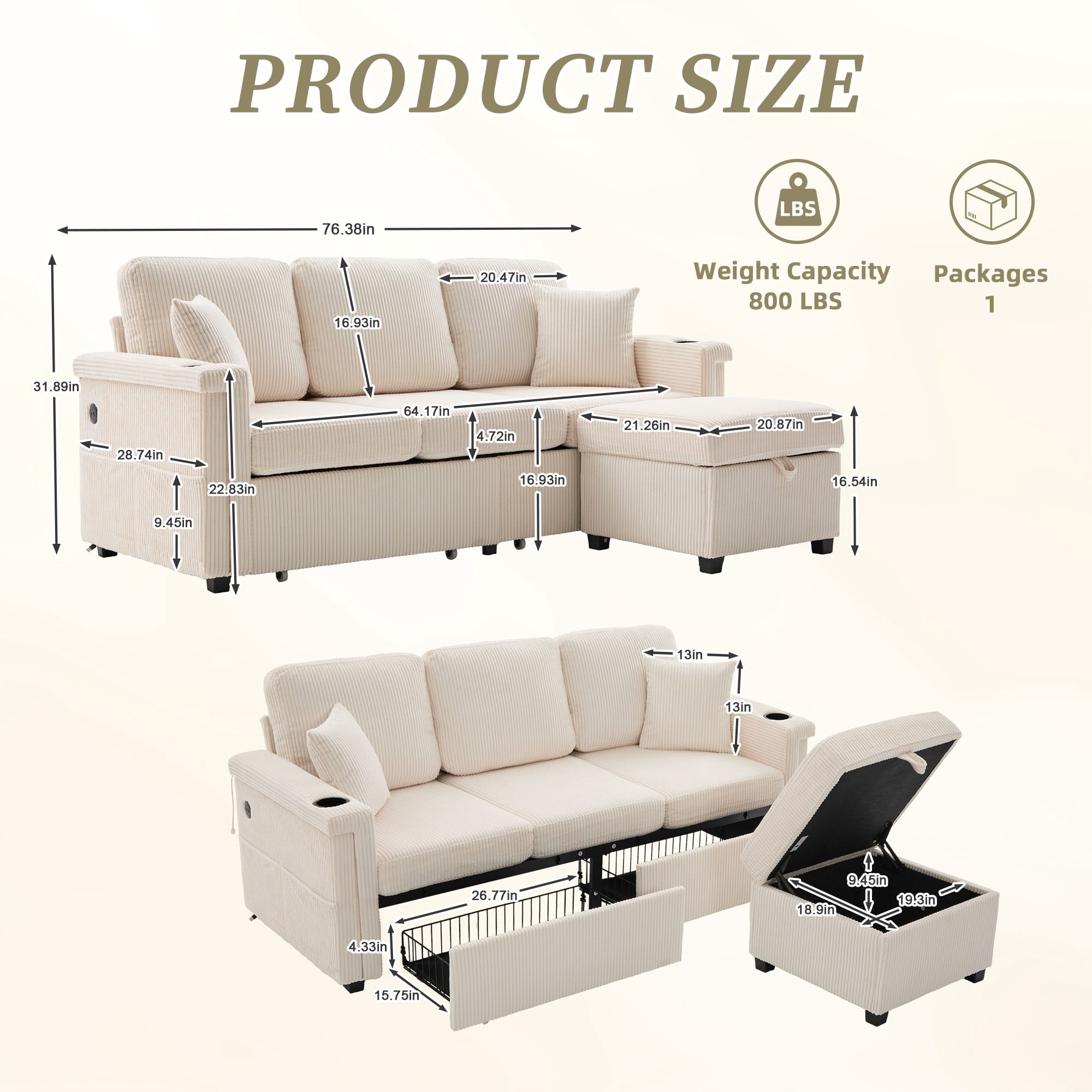 L-Shaped Sectional Sofa,Corduroy Convertible 3-Seat Sofa Couch with Pull-Out Storage,Ottoman for Living Room,Apartment,Beige