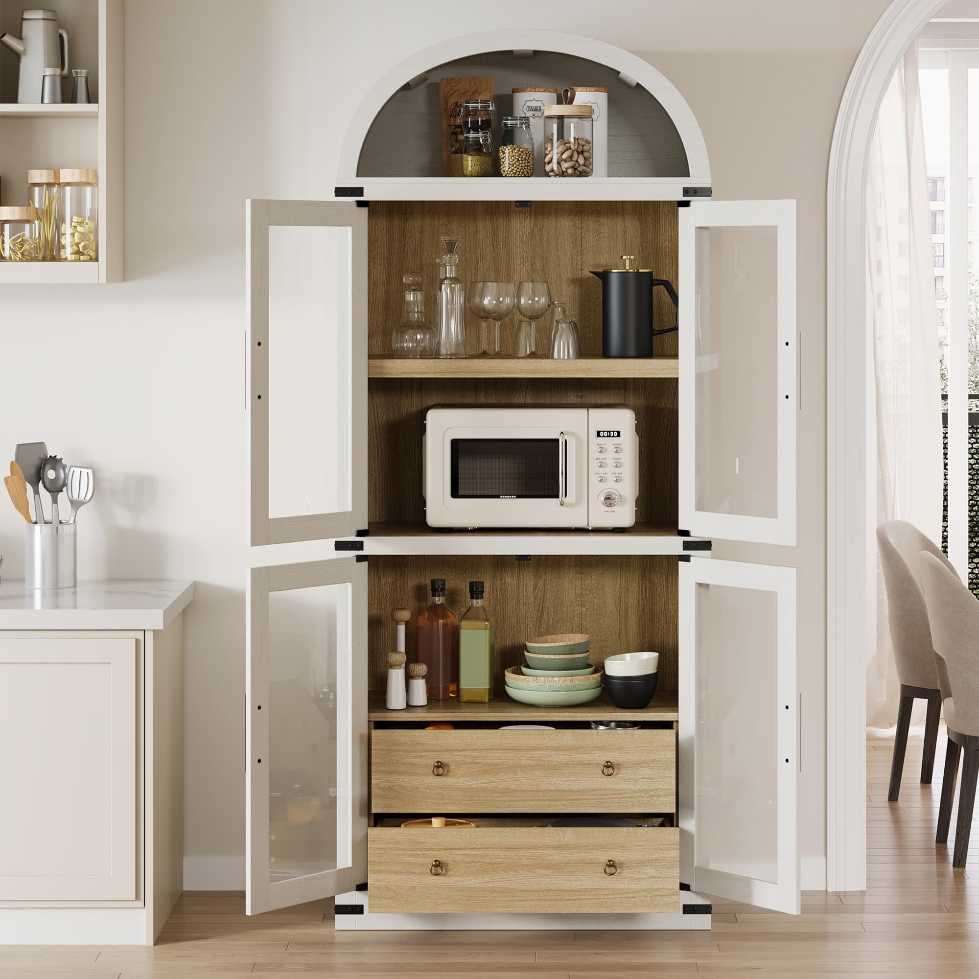 Danolapsi 71.4in Tall Arched Pantry Cabinet,Wood Bookcase with 2 Drawers,Kitchen Pantry Cabinet with Glass Door,Modern Farmhouse Display Cabinet Kitchen Cupboard for Kitchen,Dining Room,Bathroom
