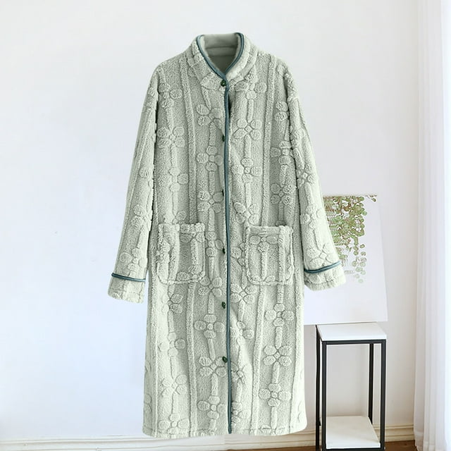Chemise de Nuit Mi-Longue à Manches Longues et Col Rond pour Femmes, Chaude, d'Hiver, avec Velours, Bleue, Taille g