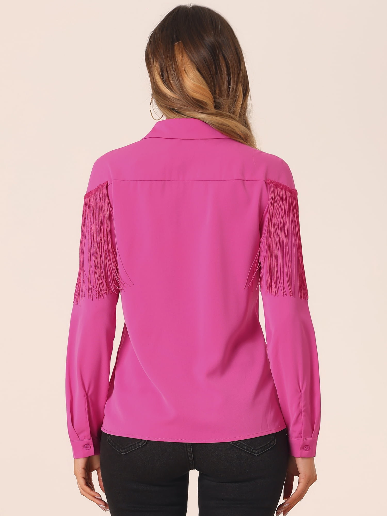 DARING DIVA Women's Fringe Button Down Disco Shirts Blouse XL Hot Pink