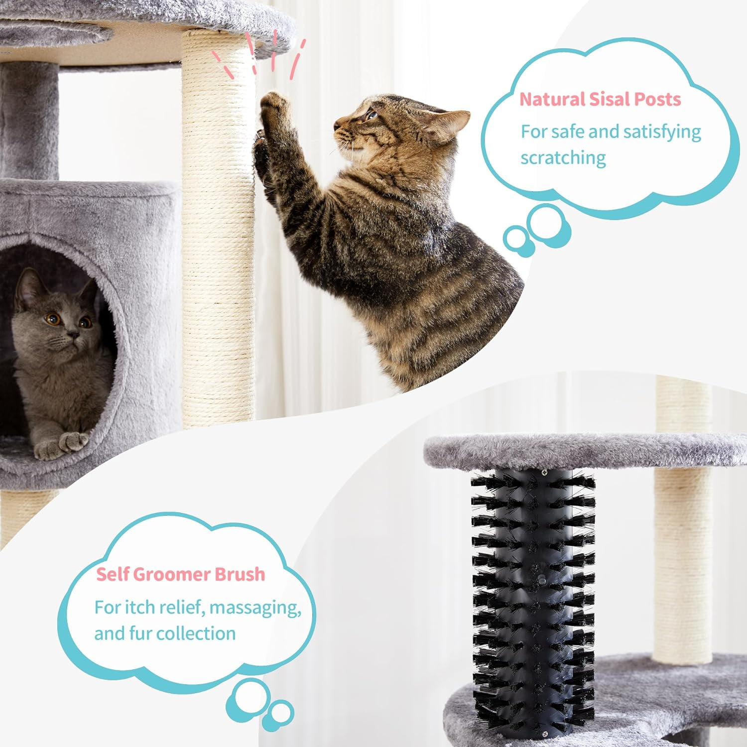 4 PETS Cat Tree for Indoor Cats, 60.2 inch Tall, 5-Level, Modern, Grey, Sisal Scratch Posts, Cat Condo with Hammock, Cat Tower for Large Breeds