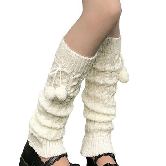 1 Pair Leg Warmers Knitted Hanging Pompoms Knee High Stretchy Soft Cold Resistant Solid Color Autumn Winter Women Boot Stockings for Dating,White