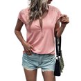 thumbnail image 2 of VISgogo, camiseta informal de manga corta para mujer, camisetas ajustadas de cuello redondo con cremallera y costuras de encaje de Color sólido a la moda VISgogo  moda, 2 of 4