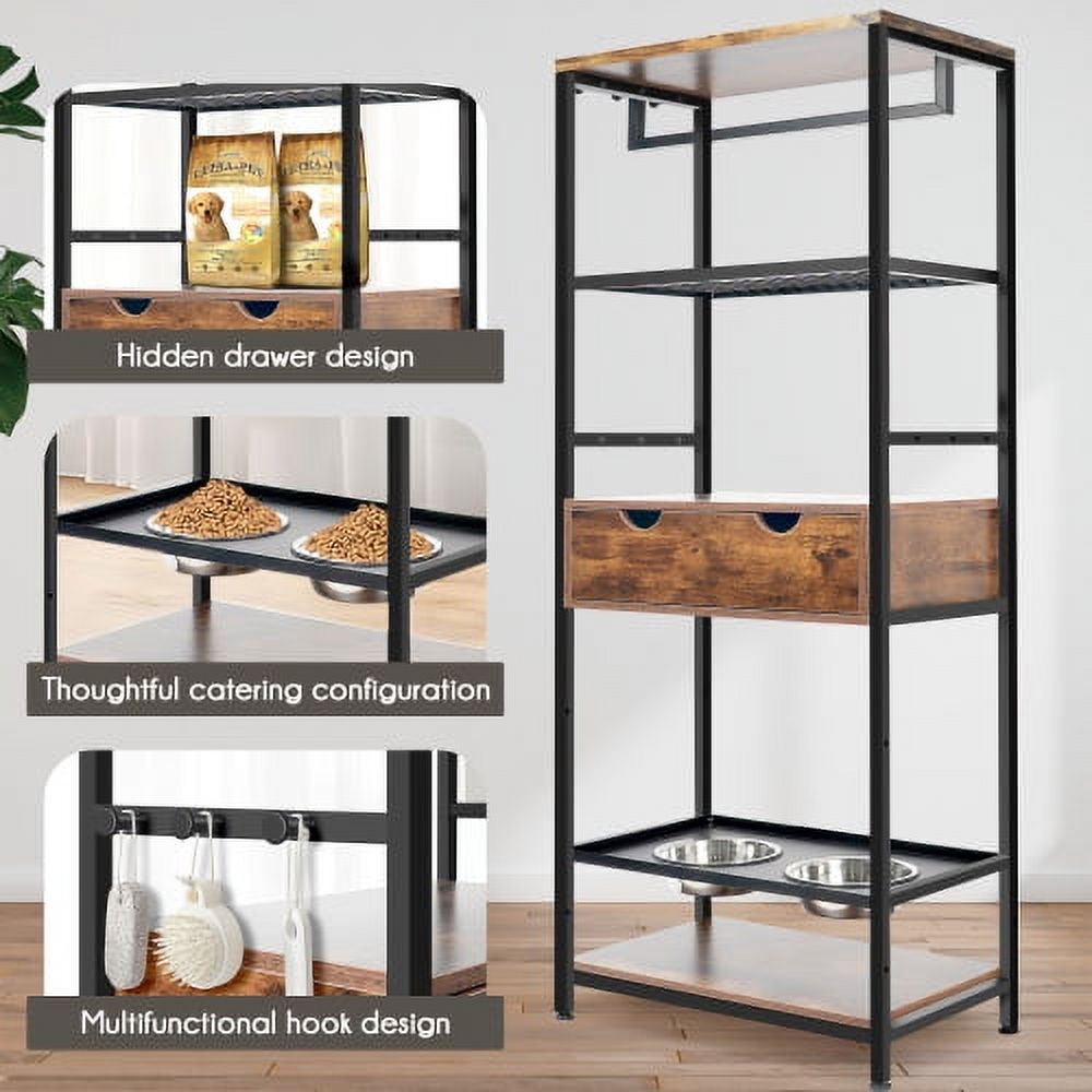 Enyopro Adjustable Height Dog Feeding Station with Storage Cabinet, Elevated Pet Feeder with 2 Stainless Steel Bowls, Side Hooks, and Anti-Tip Design, Black