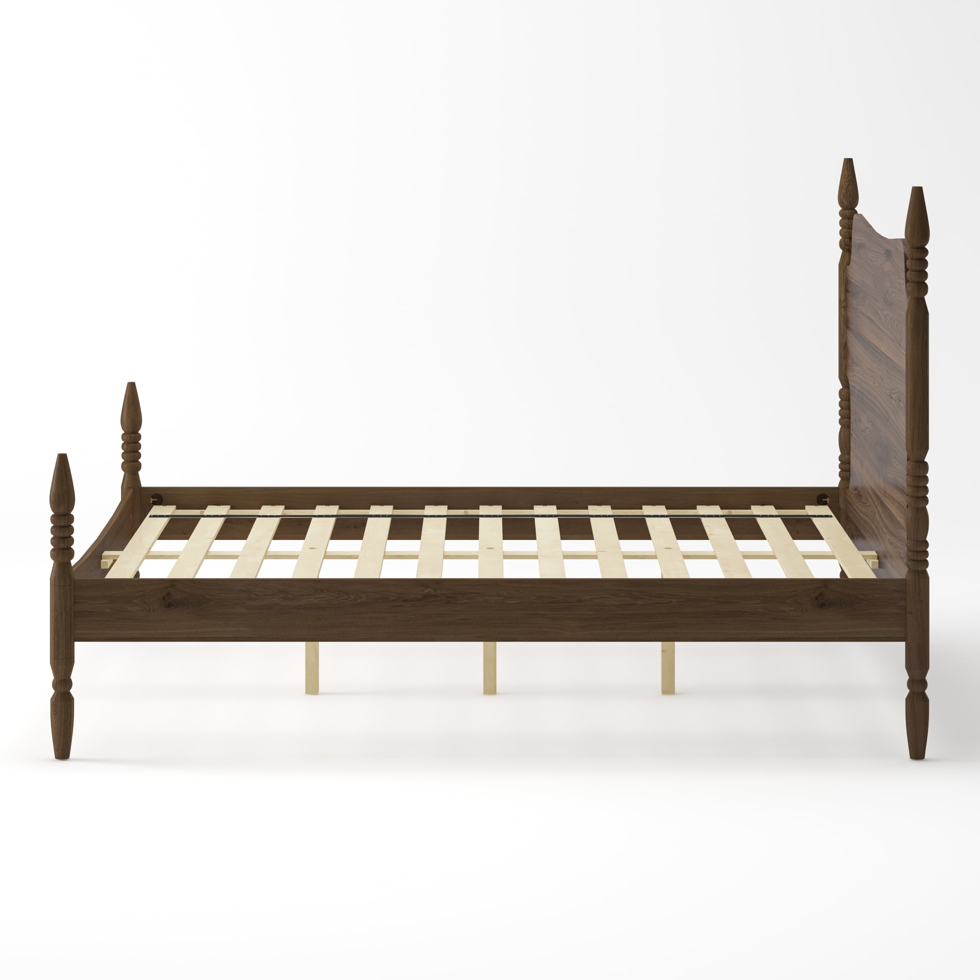 Leumius Queen Size Platform Bed Frame, Spindle Bed with Curved Tall Headboard, No Box Spring Needed, Retro Four Poster Bed for Teens Adults Walnut