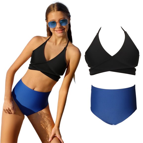 Girls Two Piece Swimsuits Backless Halter Girls Bathing Suit with Chest Pad Swimming Suit for Girls 5-6 Years