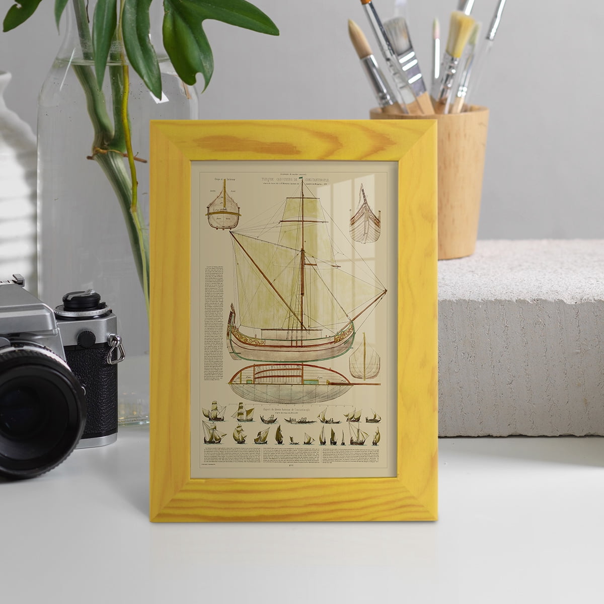 Antique Ship Plan I -Framed Print w/glass-Sunflower Yellow