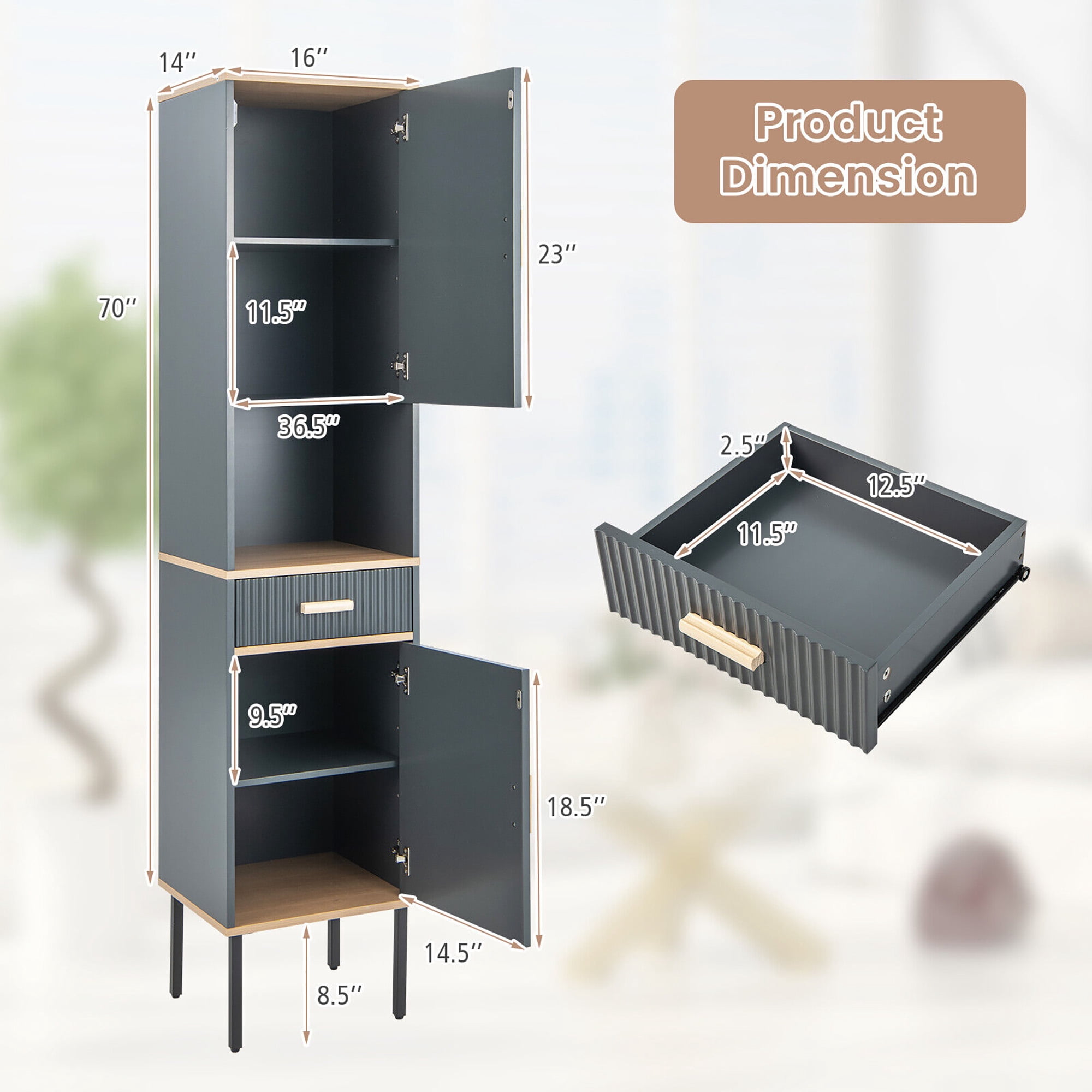 Gymax Tall Bathroom Storage Cabinet Freestanding Narrow Linen Tower w/ Doors & Drawer